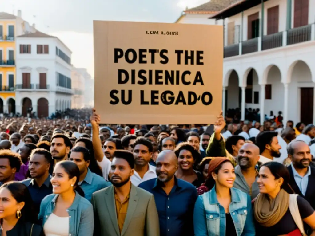 Grupo de poetas de la disidencia, unidos en la plaza, expresando su fervor por la libertad de expresión, con determinación y pasión