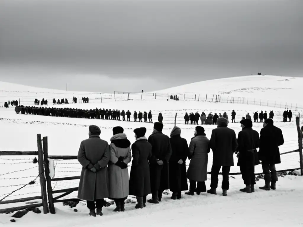 Grupo de Poetas del Gulag en la Unión Soviética, hacinados y desolados en paisaje nevado con alambradas y torres de vigilancia al fondo