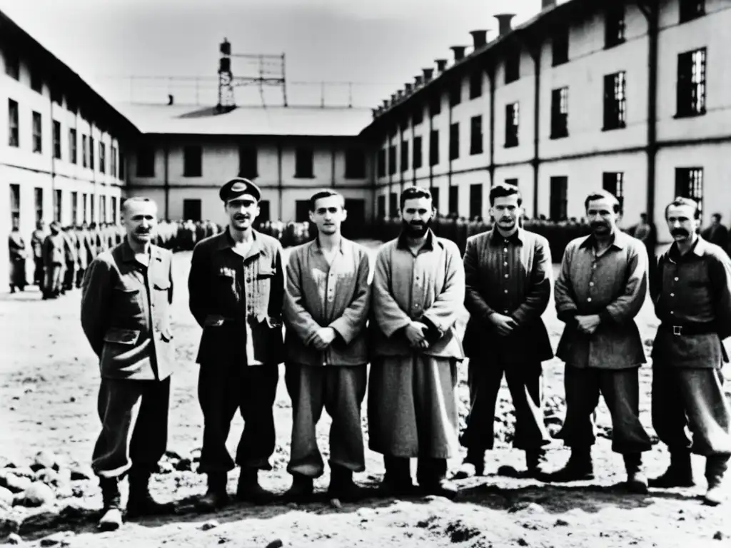 Grupo de prisioneros en un patio desolado de un gulag europeo, intercambiando gestos de solidaridad