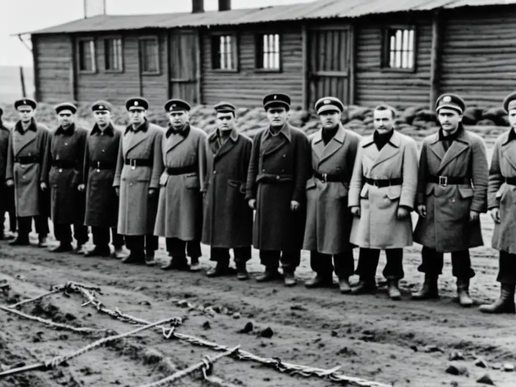 Grupo de prisioneros soviéticos en un desolado campo de trabajo del Gulag