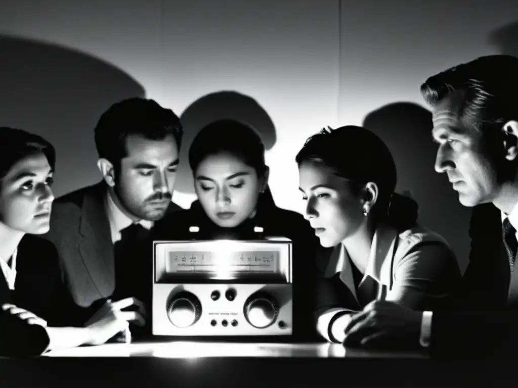 Grupo escucha radio con expresiones preocupadas en habitación sombría