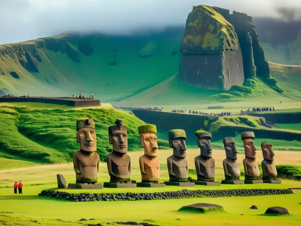 Un grupo de Rapa Nui se reúne alrededor de un Moai ceremonial en Isla de Pascua, Chile