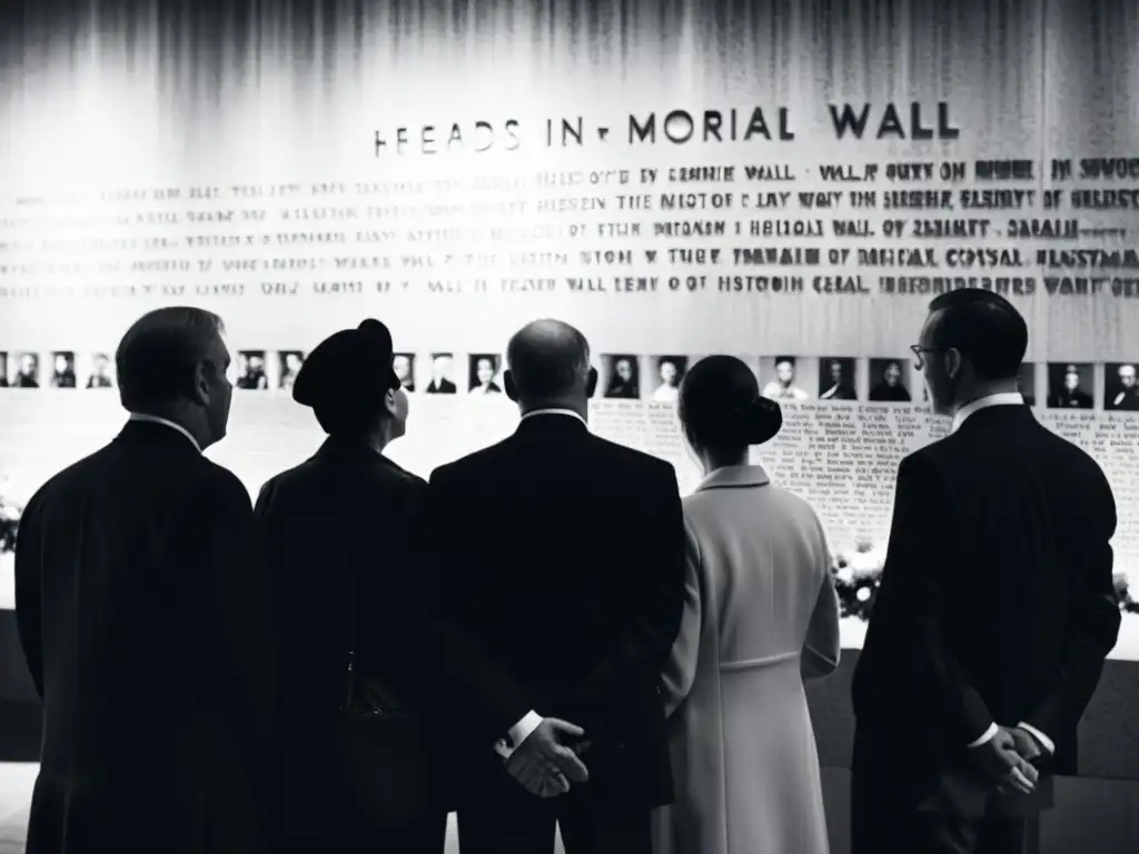 Grupo reflexivo frente a memorial con nombres en pared, expresando preservación de la memoria histórica