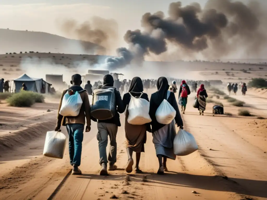 Grupo de refugiados huyen tras acuerdos de paz, cargando pertenencias en camino polvoriento