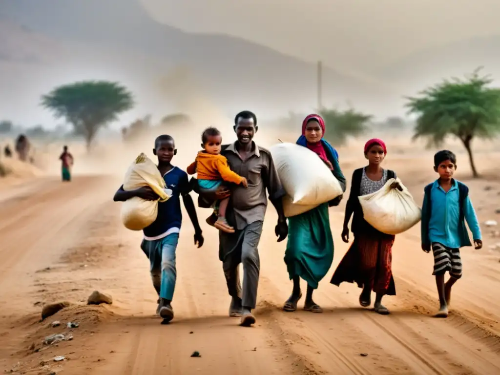 Grupo de refugiados huyen tras acuerdos de paz, con expresiones cansadas, llevando sus pertenencias y niños por un camino polvoriento