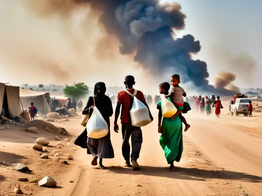 Un grupo de refugiados huyen de acuerdos de paz, cargando sus pertenencias, mostrando determinación y miedo en sus rostros bajo el sol abrasador