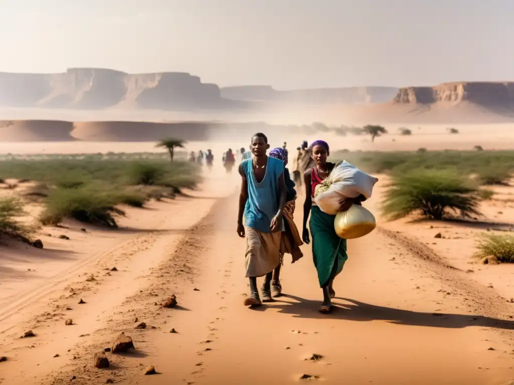 Grupo de refugiados africanos caminando por un desierto árido en búsqueda de seguridad