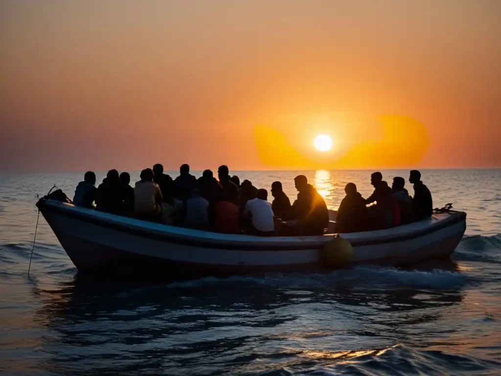 Grupo de refugiados agotados en un bote en el Mediterráneo