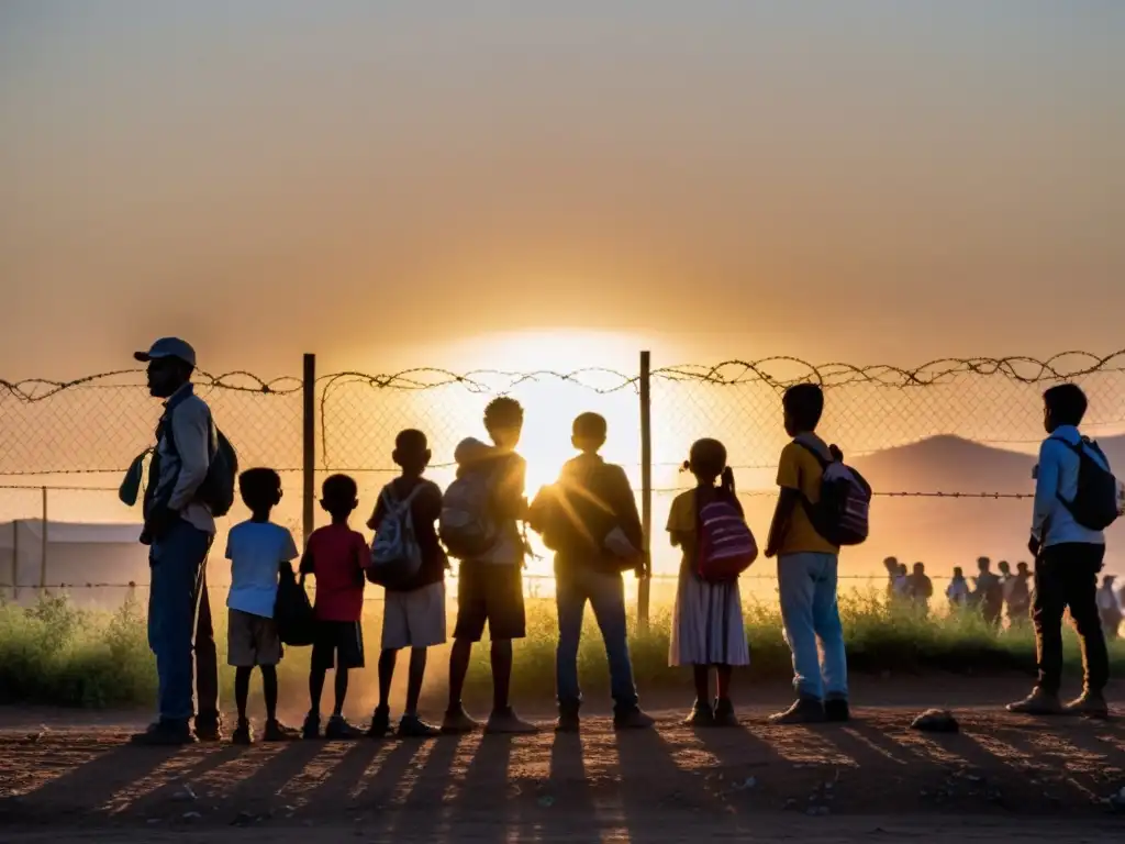 Un grupo de refugiados agotados frente a una valla de alambre de púas, reflejando la desesperanza de las políticas restrictivas fronterizas refugiados