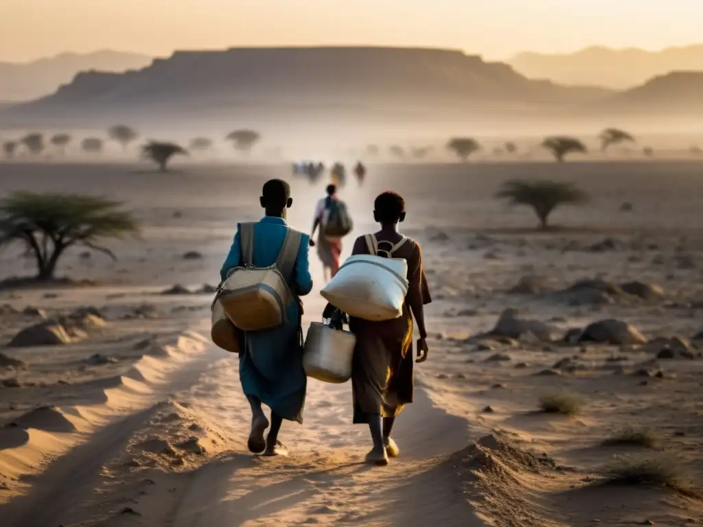 Grupo de refugiados ambientales busca hogar en paisaje árido y desolado