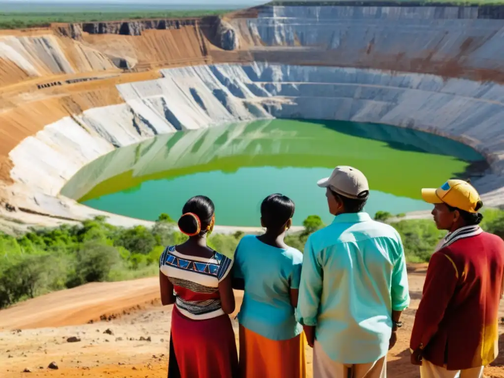 Grupo de refugiados ambientales por minería observando desolación y determinación en tierras arrasadas