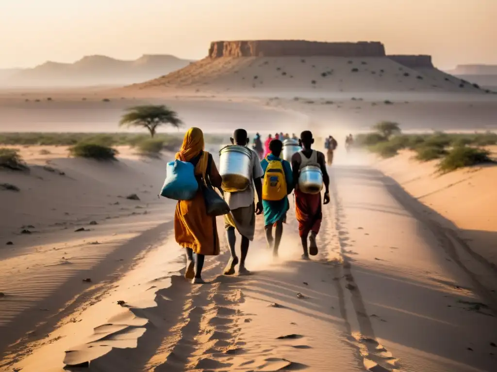 Un grupo de refugiados ambientales camina por un paisaje árido, en búsqueda de un nuevo hogar