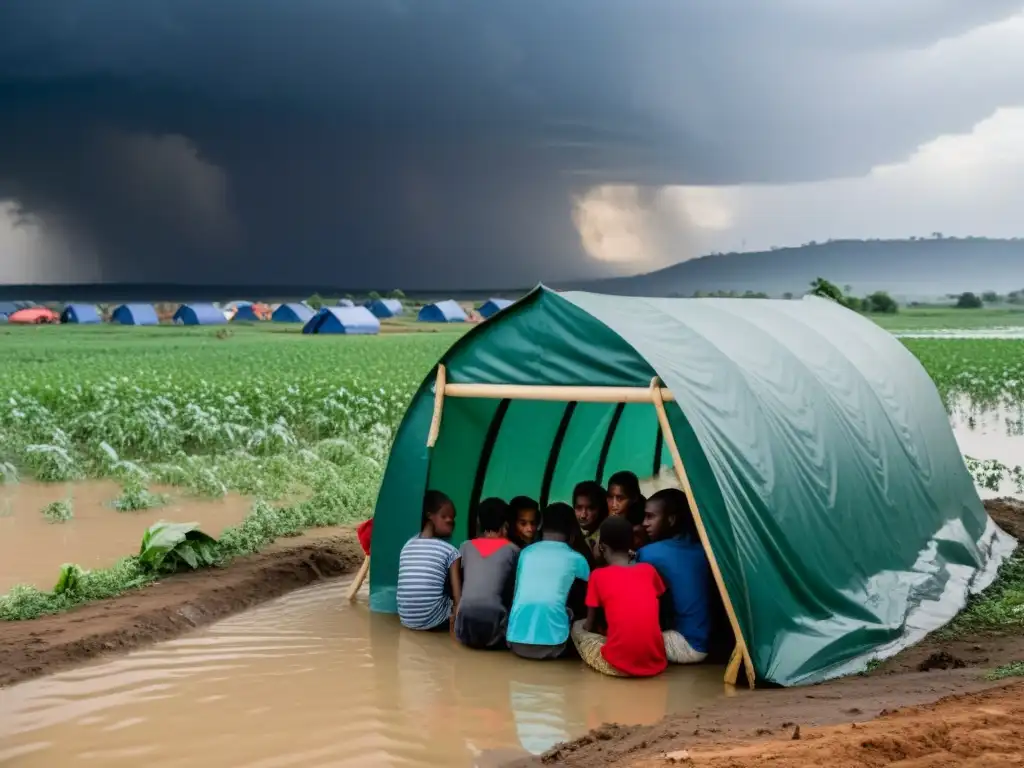 Un grupo de refugiados ambientales se resguarda bajo un refugio improvisado, rodeados de campos inundados y hogares dañados