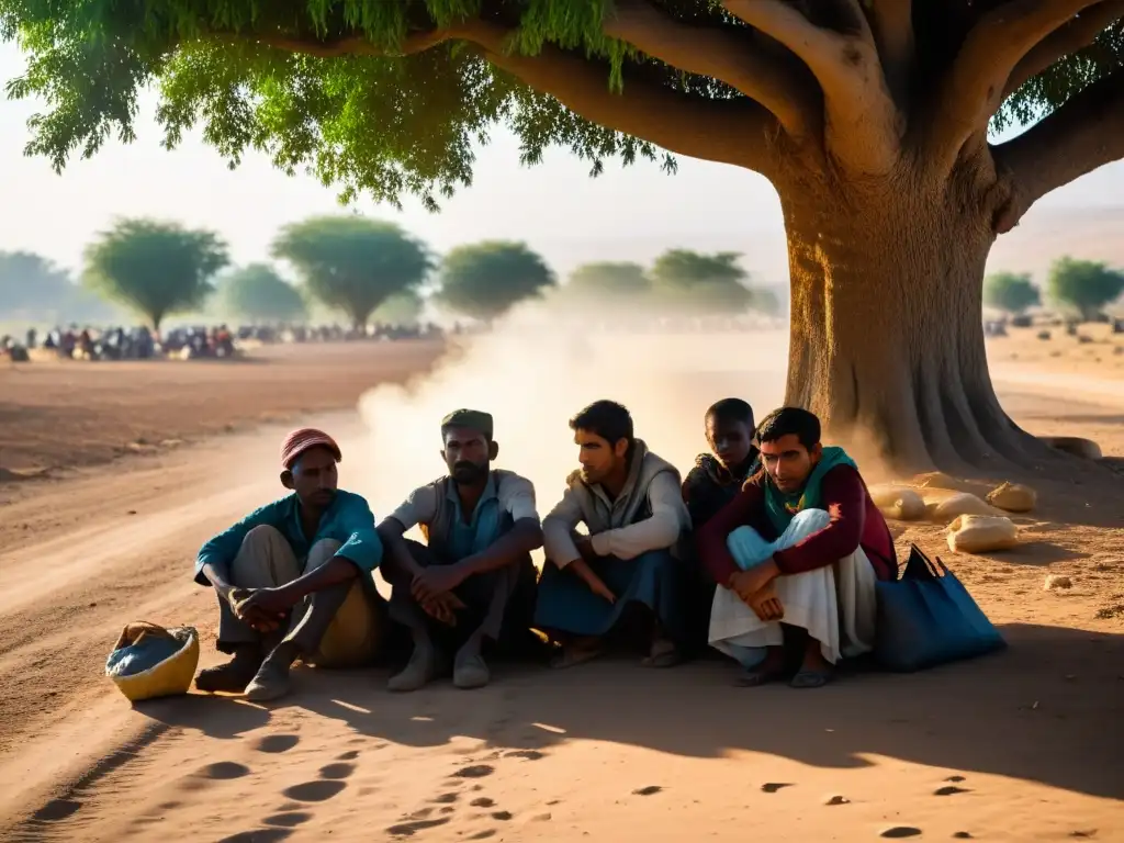 Un grupo de refugiados descansa bajo un árbol, reflejando esperanza y agotamiento en sus rostros