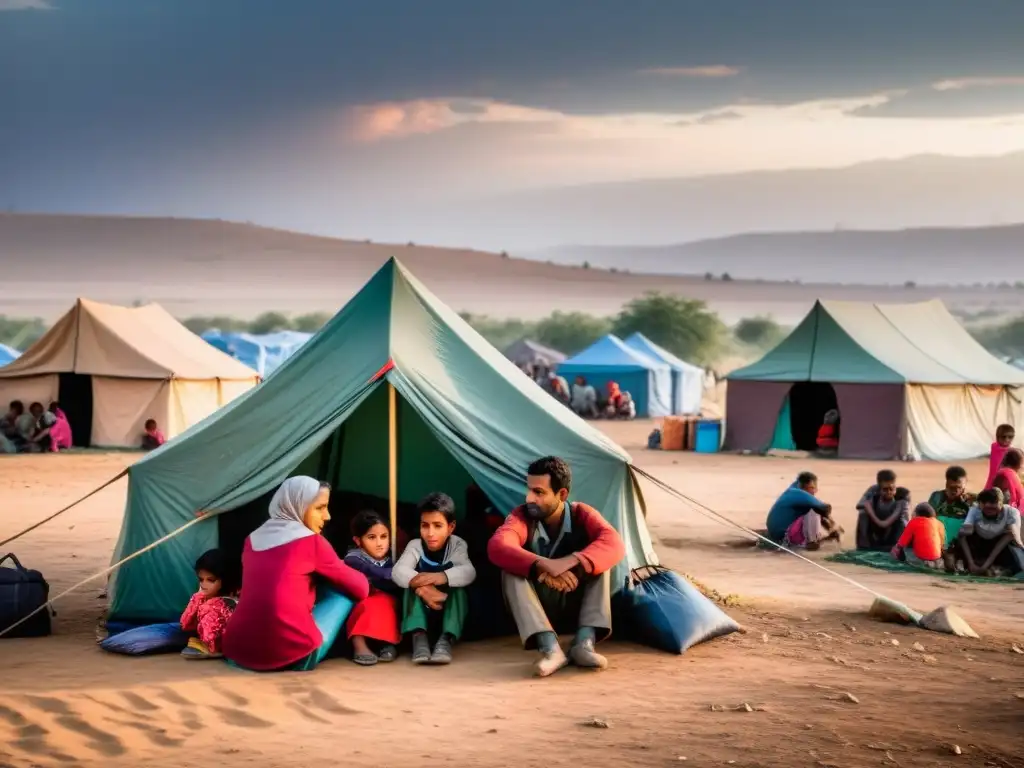 Un grupo de refugiados en asentamientos provisionales, mostrando su resiliencia y vulnerabilidad en una imagen cruda y auténtica