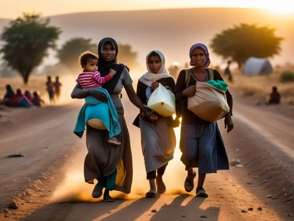 Grupo de refugiados caminando al atardecer con sus pertenencias