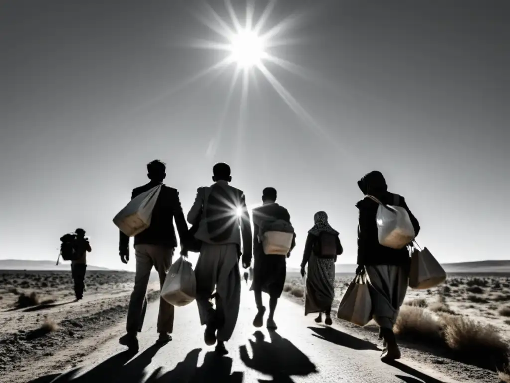 Grupo de refugiados caminando por un camino desolado, rostros cansados y desesperanzados