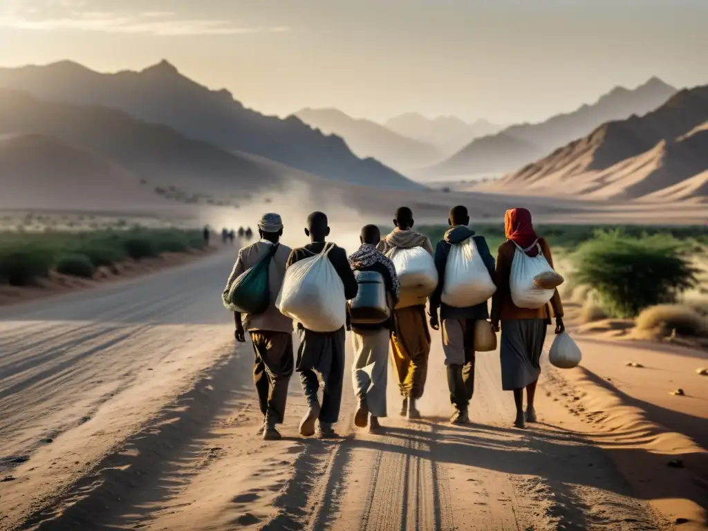 Grupo de refugiados caminando por un camino polvoriento, llevando sus pertenencias