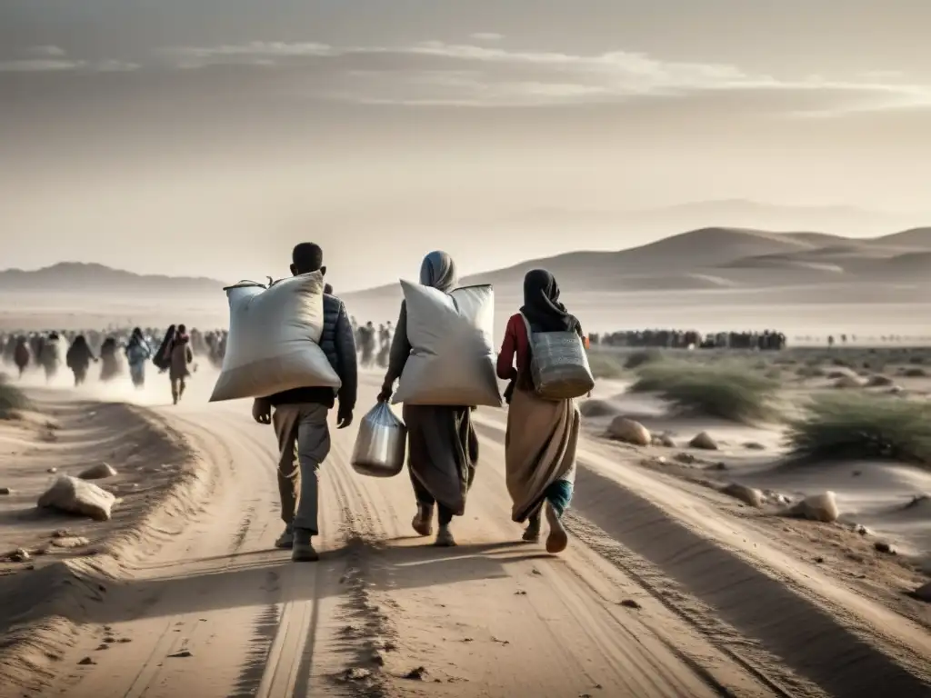 Grupo de refugiados caminando por un camino polvoriento con un paisaje desolado detrás, mostrando la determinación y lucha