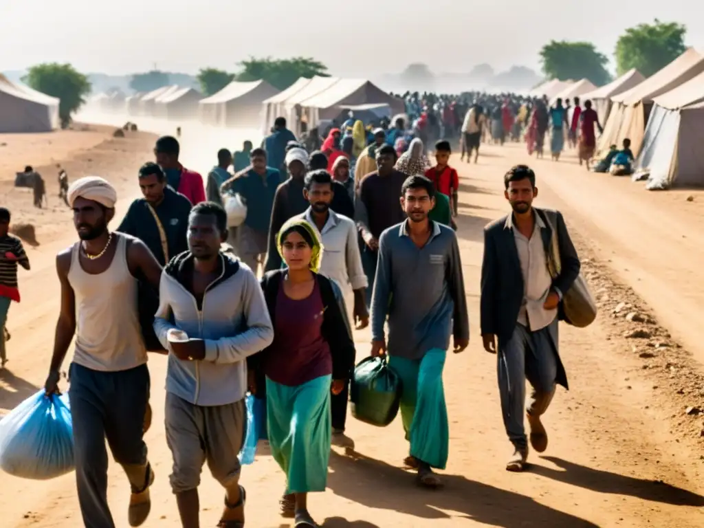 Un grupo de refugiados camina por un camino polvoriento, con rostros cansados y ropas desgarradas