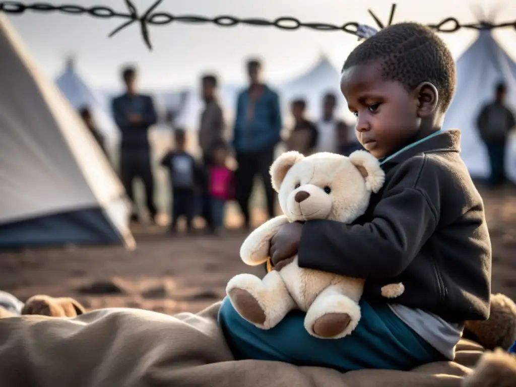Un grupo de refugiados se reúne en un campamento improvisado, transmitiendo miedo, resiliencia y esperanza