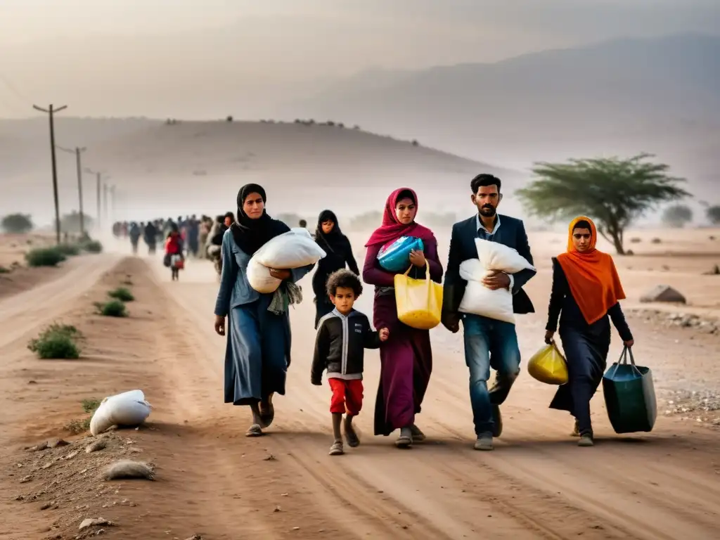 Un grupo de refugiados camina cansado junto a una alambrada en una región conflictiva, mostrando el impacto de las políticas restrictivas fronterizas en desplazados