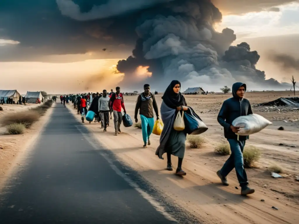 Un grupo de refugiados, cansados y cargando sus pertenencias, caminando por un paisaje desolado y devastado por la guerra en busca de asilo