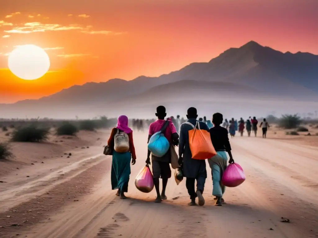 Un grupo de refugiados camina por una carretera polvorienta al atardecer, mostrando determinación y agotamiento