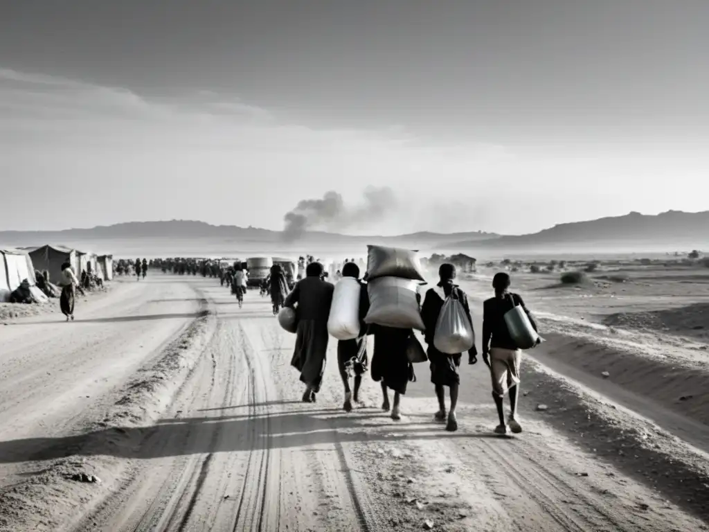 Grupo de refugiados caminando por una carretera polvorienta con una ciudad destruida al fondo