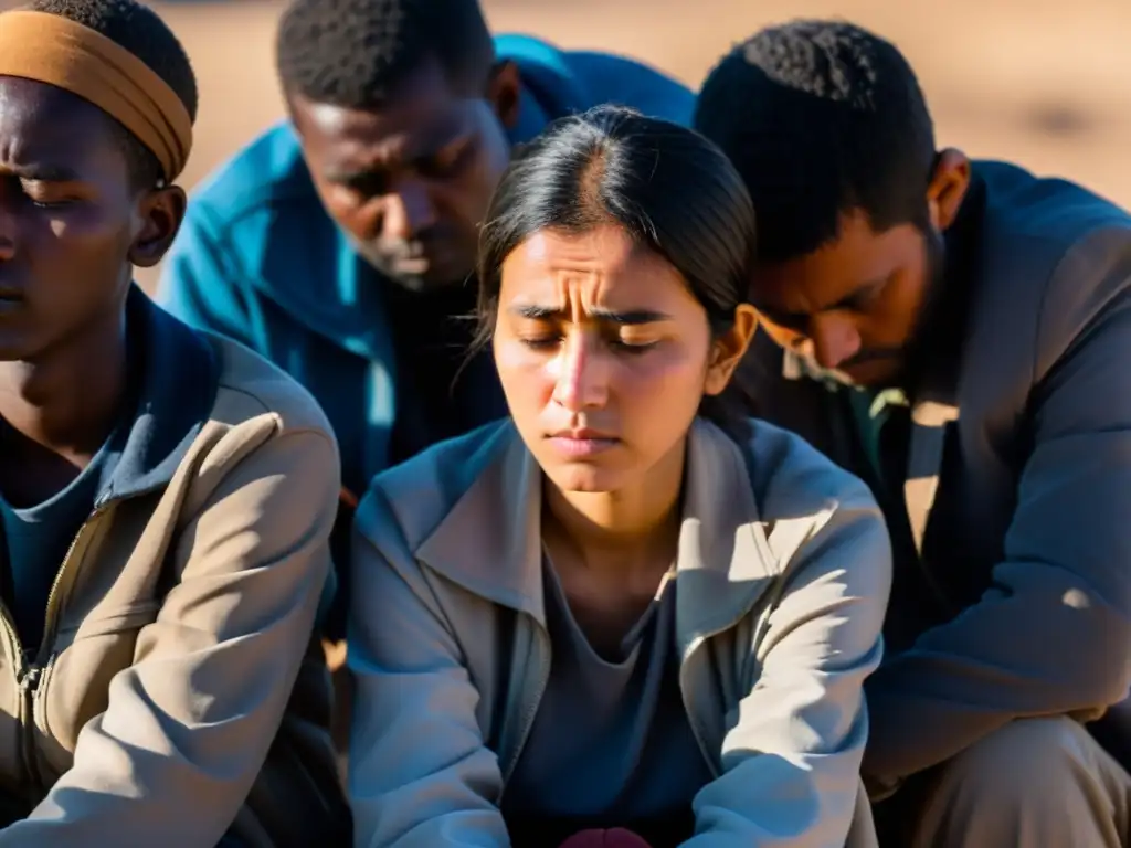 Un grupo de refugiados se reúnen en un círculo, con expresiones de desesperanza