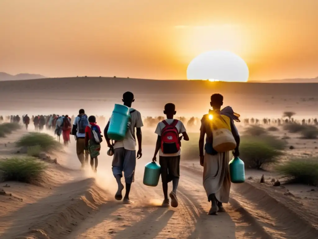 Un grupo de refugiados climáticos camina por un paisaje árido y seco, con rostros cansados y preocupados