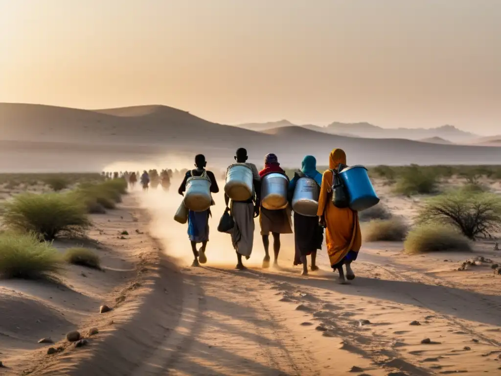 Un grupo de refugiados climáticos camina por un paisaje árido en busca de un nuevo hogar