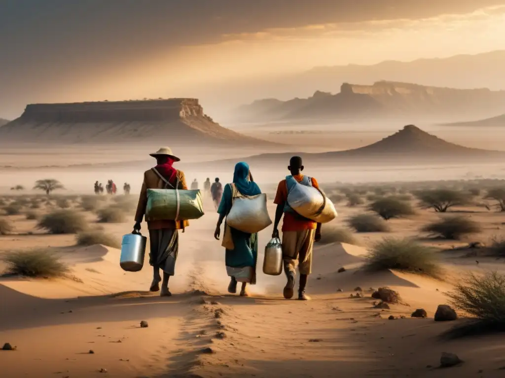 Grupo de refugiados climáticos caminando por un paisaje árido y seco, evidenciando el impacto del cambio climático en la migración forzada