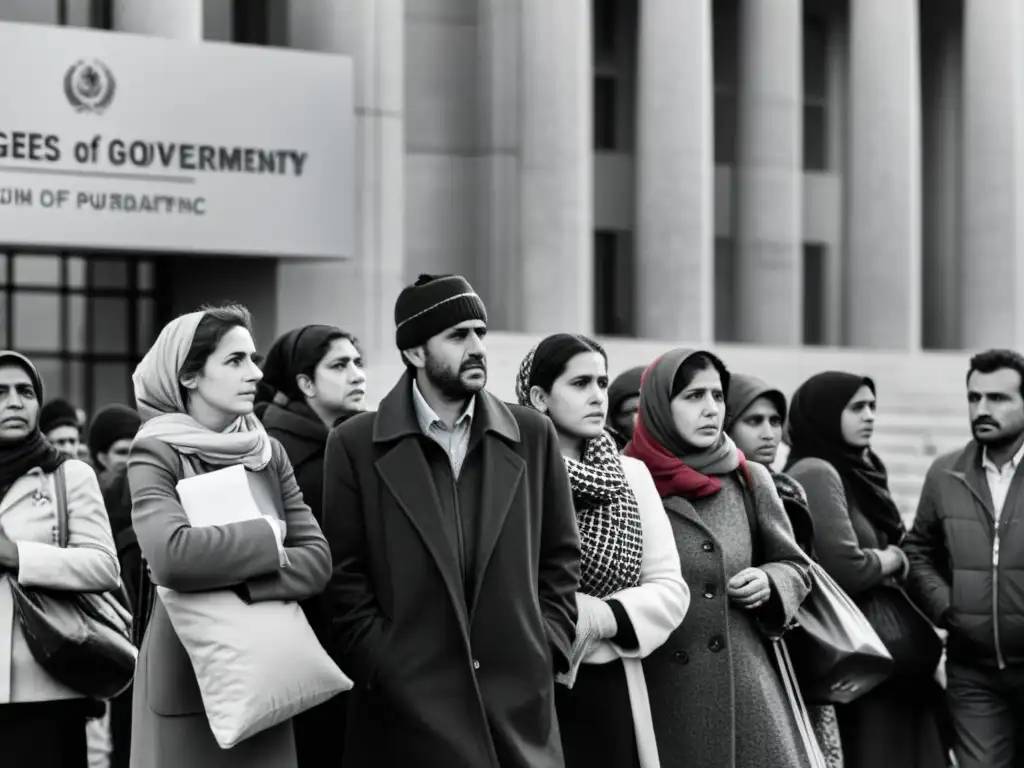 Grupo de refugiados esperando afuera de un edificio gubernamental, transmitiendo incertidumbre y vulnerabilidad en la búsqueda de asilo