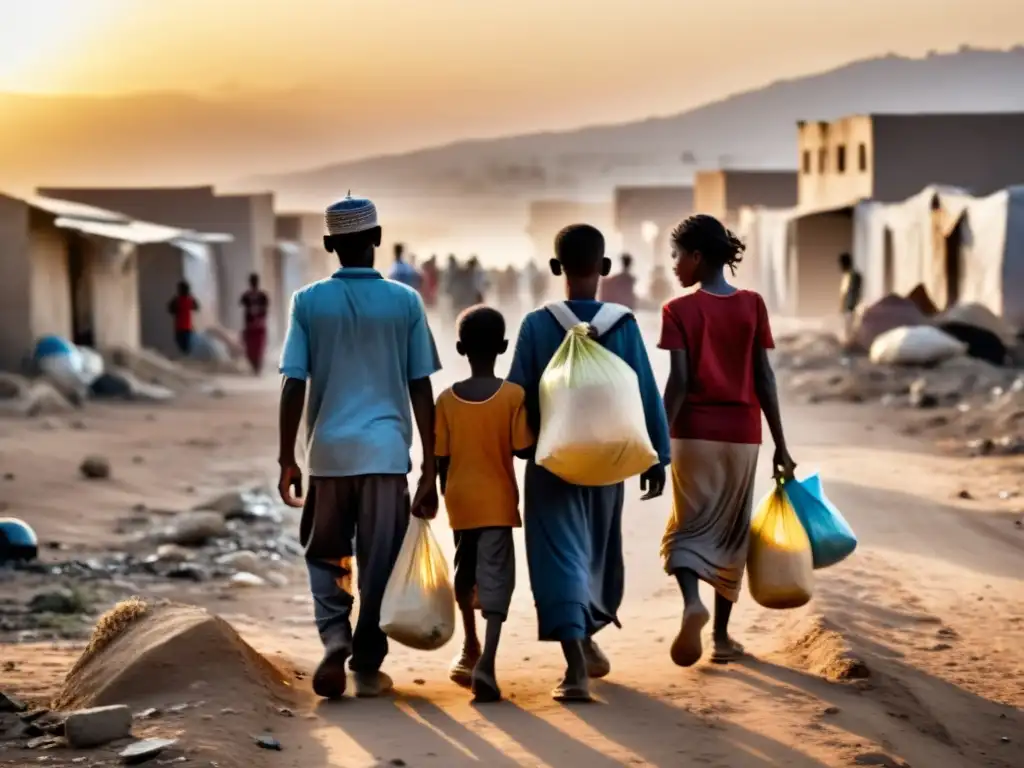 Grupo de refugiados caminando entre escombros al atardecer, mostrando esperanza y resistencia en medio del conflicto