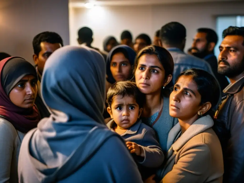 Grupo de refugiados en un espacio sombrío, mostrando impacto en la salud mental