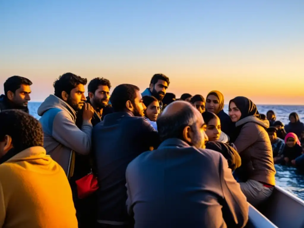 Grupo de refugiados exhaustos pero esperanzados en un bote abarrotado, con el vasto mar Mediterráneo al atardecer