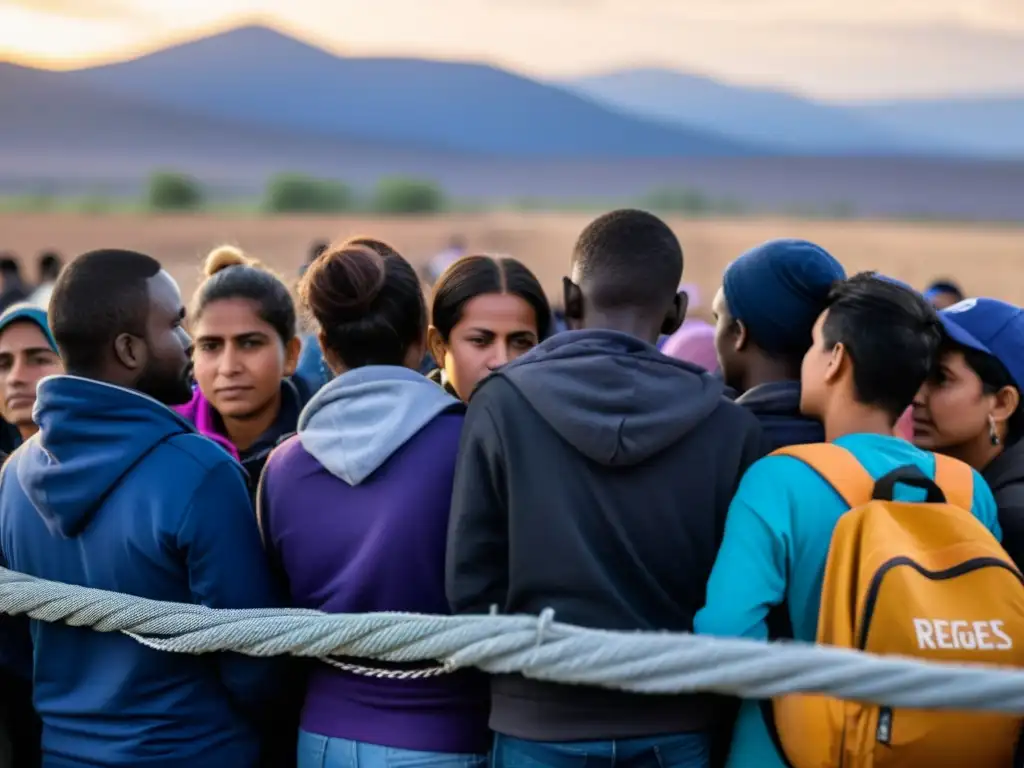 Un grupo de refugiados LGBTQ+ espera en la fila para ingresar al campamento, mostrando determinación y vulnerabilidad