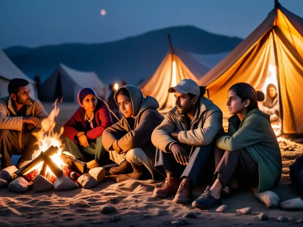 Un grupo de refugiados se reúne alrededor de una fogata en un campamento improvisado, retratando la búsqueda de seguridad en la oscuridad de la noche