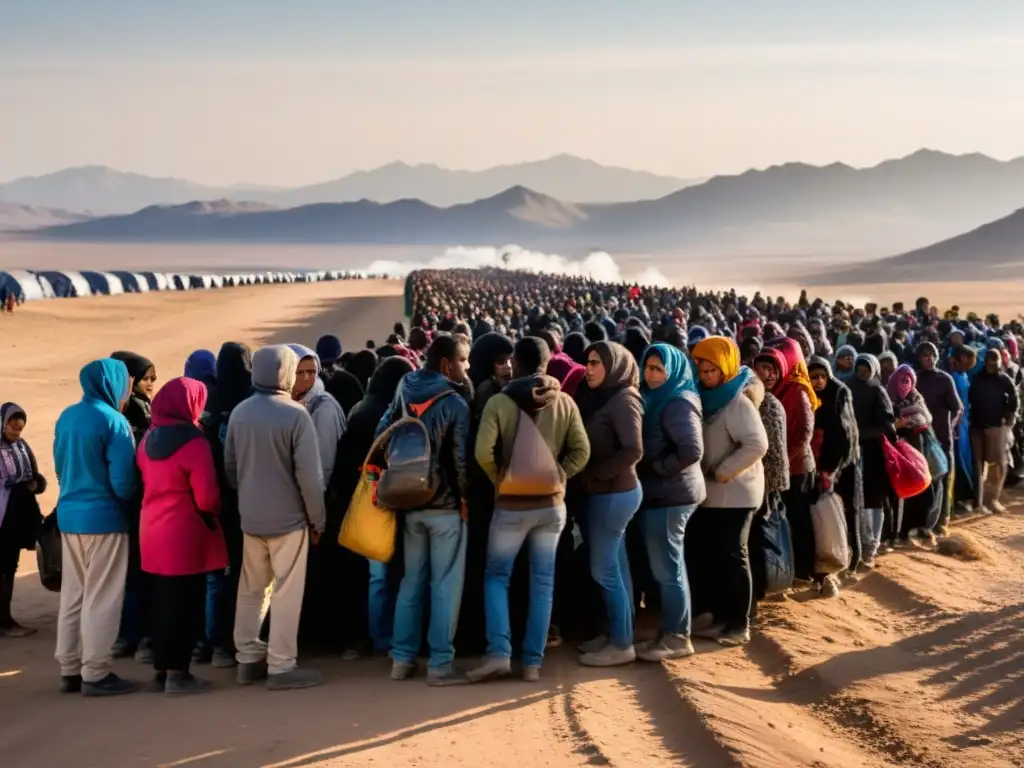 Grupo de refugiados aguardando en la frontera, reflejando agotamiento, esperanza y incertidumbre