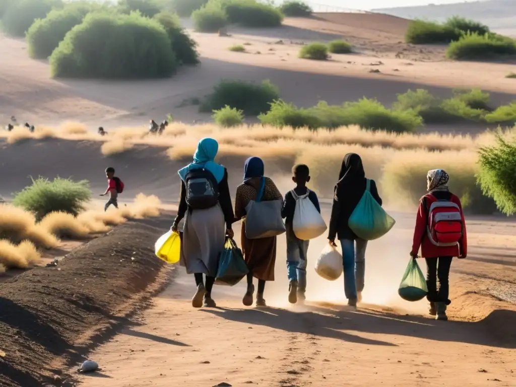 Un grupo de refugiados camina por una frontera desolada, llevando sus pertenencias con determinación
