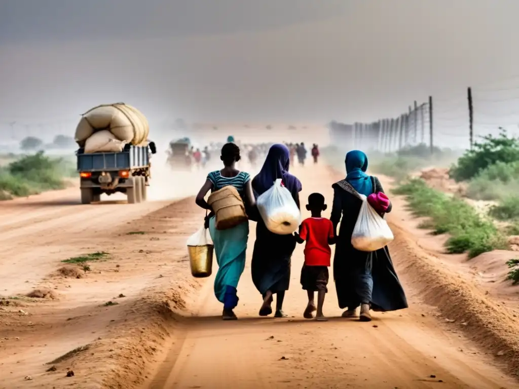 Un grupo de refugiados, incluyendo mujeres y niños, caminando por un camino polvoriento con sus pertenencias atadas a sus espaldas, pasando por una alambrada y una torre de vigilancia al fondo