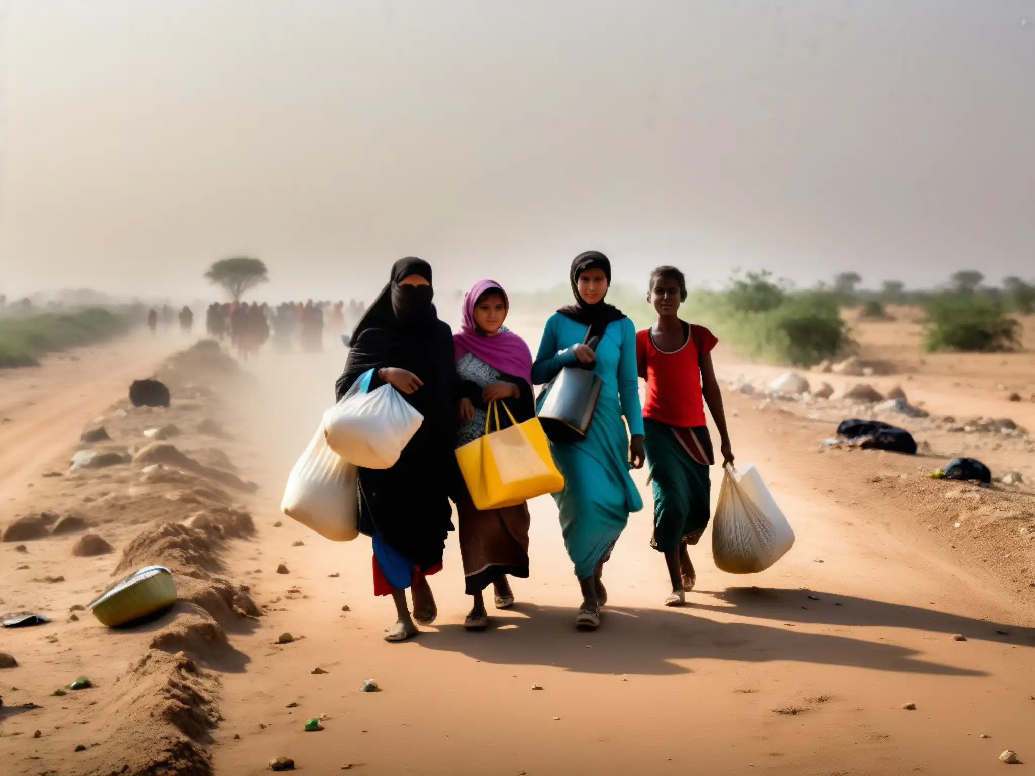 Grupo de refugiados, mujeres y niños, caminan en un camino polvoriento en zona de conflicto, enfrentando desafíos de salud y buscando seguridad