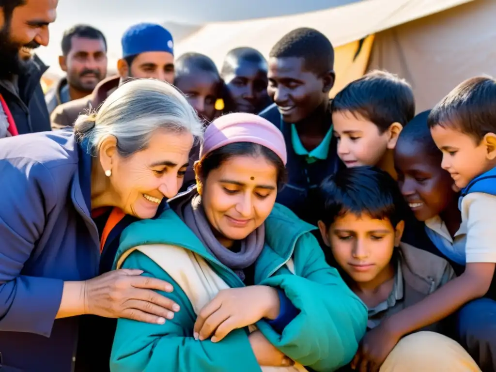 Un grupo de refugiados con necesidades especiales se reúnen afuera de un refugio improvisado en un campamento