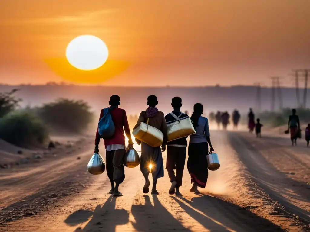 Un grupo de refugiados camina por un polvoriento camino al atardecer, transmitiendo resiliencia en medio de la adversidad