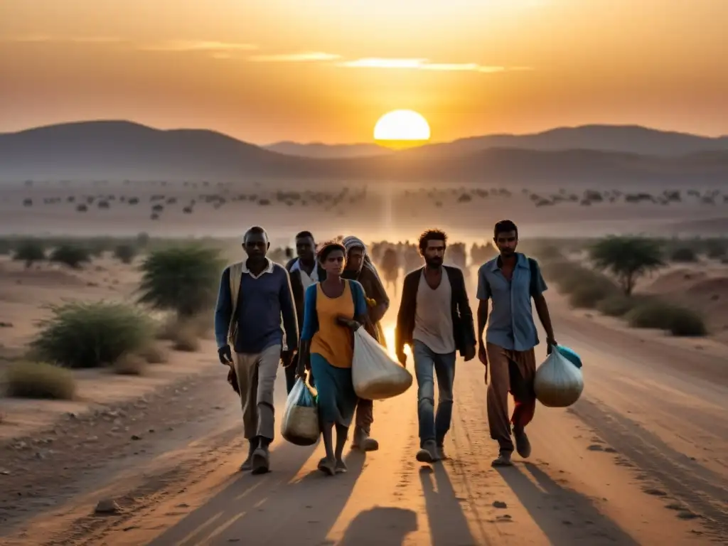 Un grupo de refugiados camina por un polvoriento camino al atardecer, con expresiones cansadas