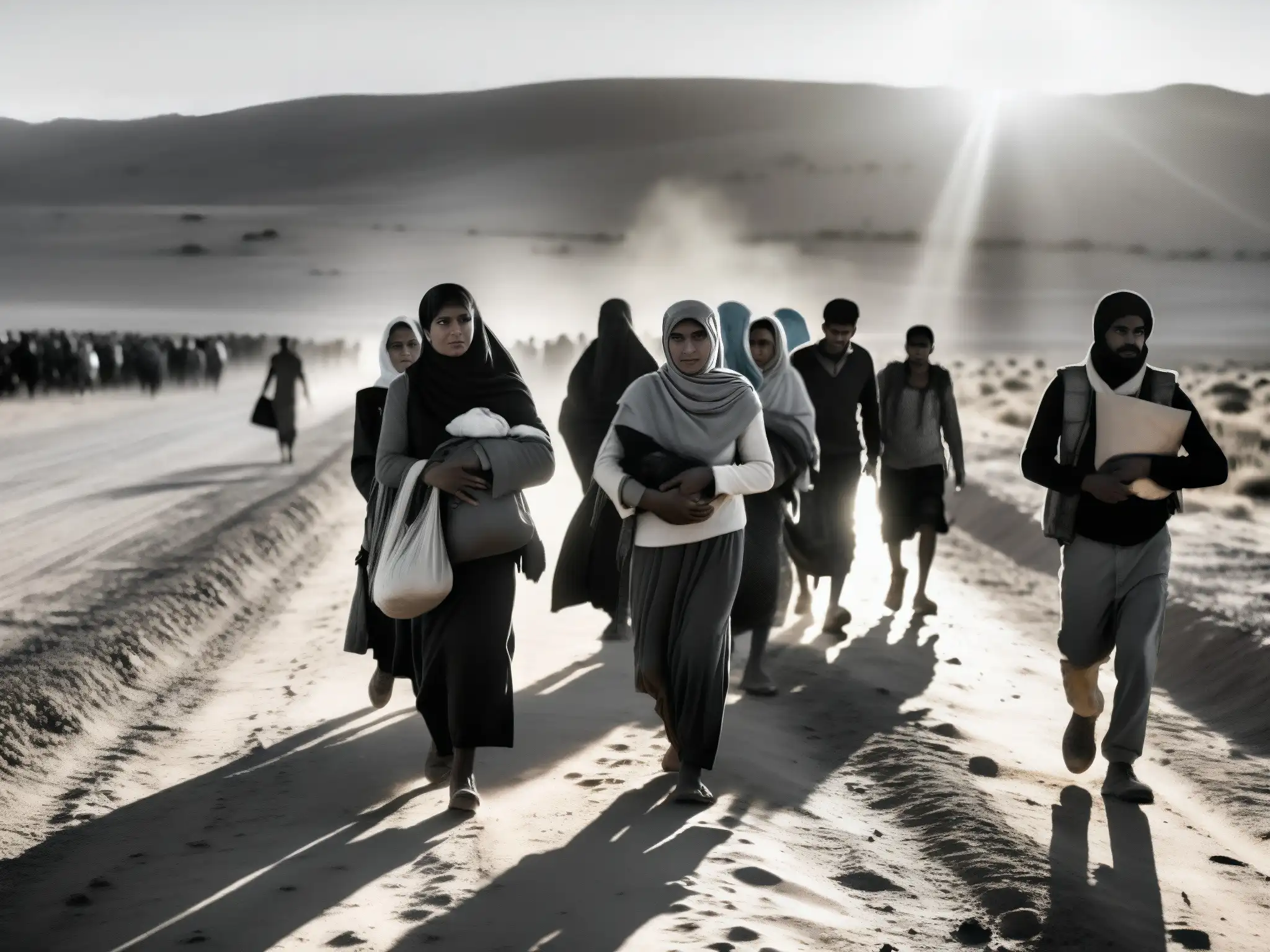 Un grupo de refugiados camina por un polvoriento camino, rostros cansados y asustados