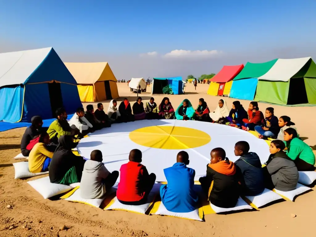 Grupo de refugiados participando en programa educativo comunitario