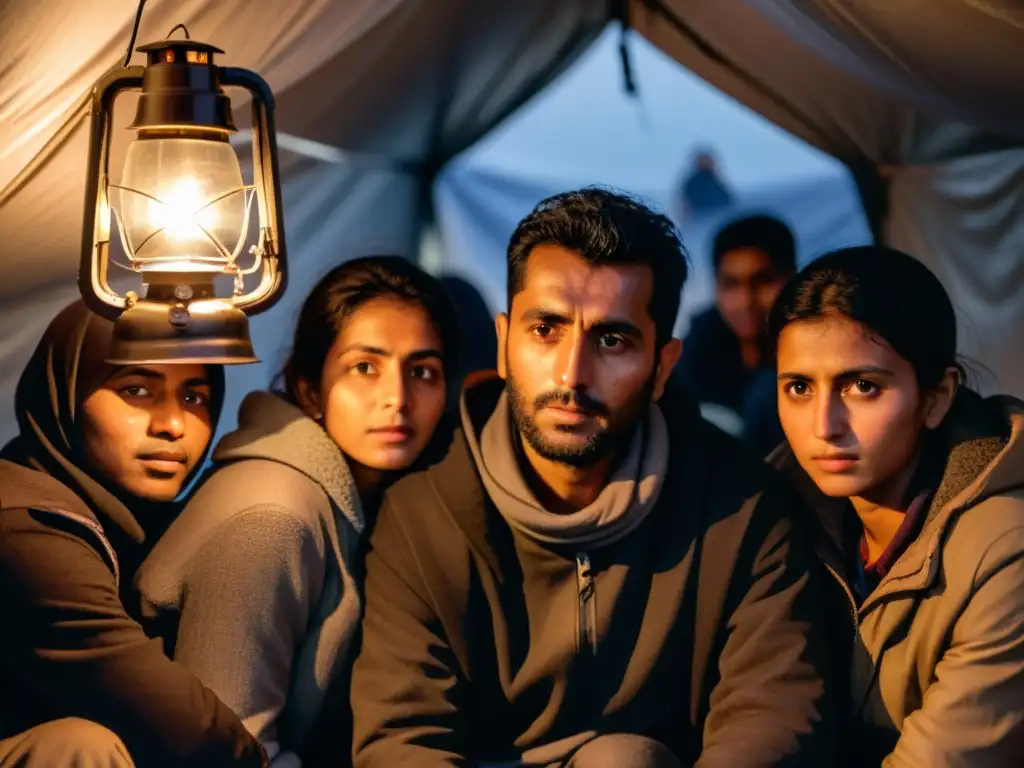 Grupo de refugiados en refugio improvisado, rostros cansados iluminados por una linterna