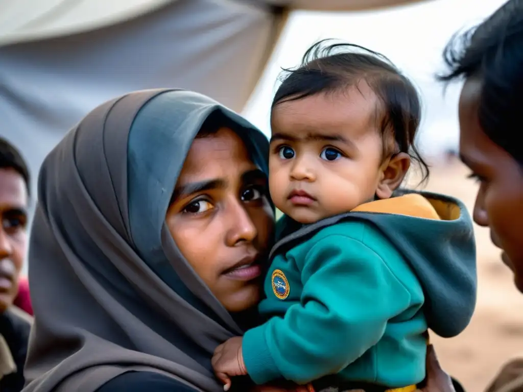 Un grupo de refugiados se resguarda bajo un refugio improvisado en un campamento, reflejando miedo, resiliencia y esperanza